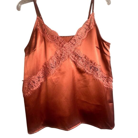 Elegant Lace Trim Satin Blouse - Rust - Picture 2 of 16